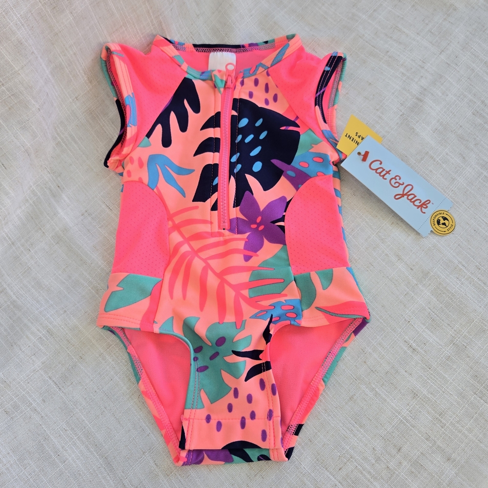 Cat & Jack Pink, Purple, Teal Floral Kids Swimsuit Snap Bottom Size 12 Mo NWT